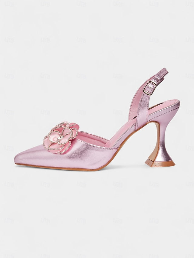 Floral Satin Heels Pointed Women's with Pink Toe