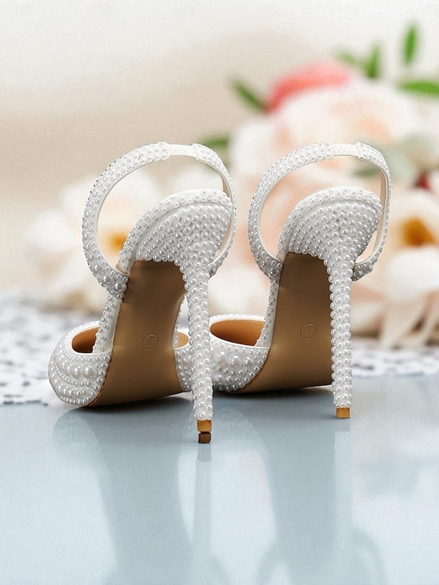 Women's Leather - Heels Pearl-Embellished Slingback White