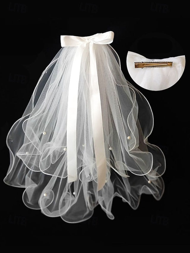 Elegant Satin - Bridal Ivory Ribbon Tulle Veil with and Soft