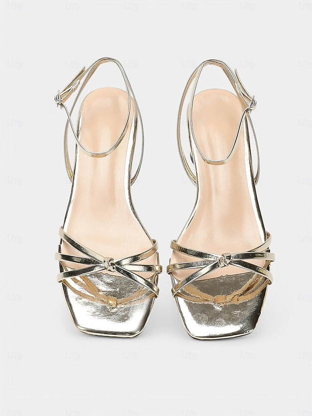 – Shiny Heels Women's Gold Strap Metallic Ankle Block