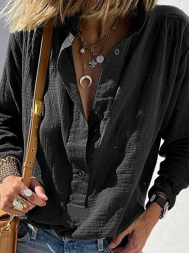 Women's Shirt Blouse Plain Vintage Stylish Long Sleeve V