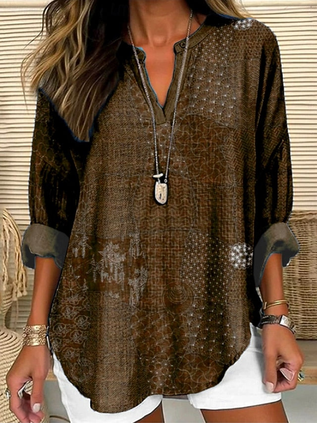 Women's Blouse Linen Like Breathable Lightweight Tunic V