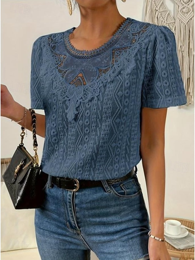 Women's T Shirt Lace Patchwork Plain Fashion Modern Casual
