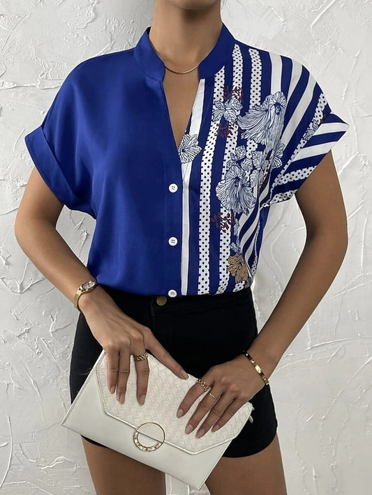 Women's Blouse Buttons Print Floral Striped Vintage Casual