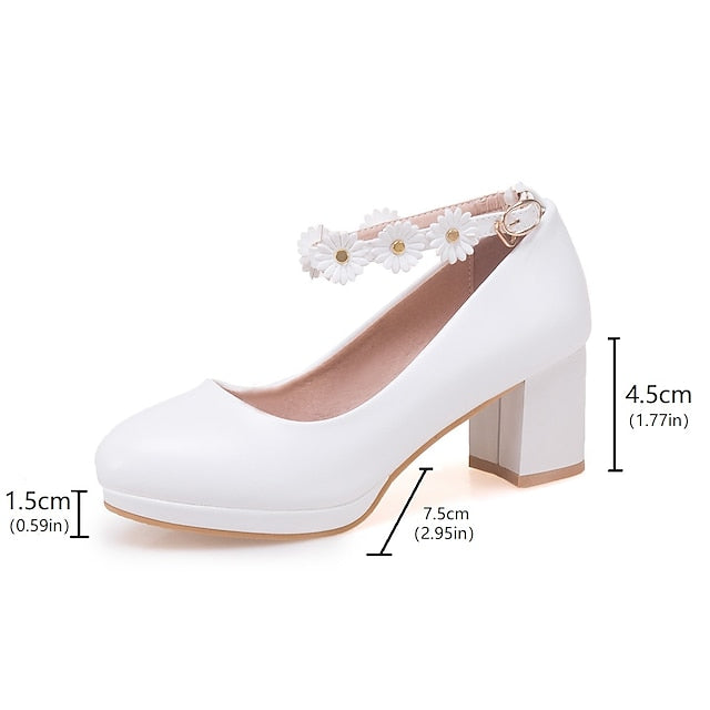 Flower Heel Shoes Block Ankle Girls' Daisy White with