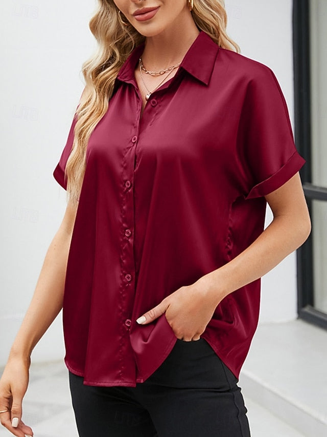 Women's Shirt Elegant Dressy Satin Top Buttons Solid Color