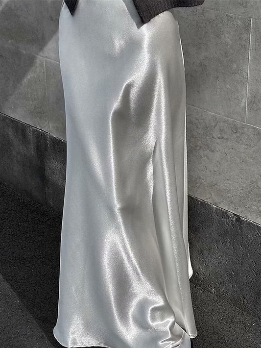 Women's Satin Skirts Elegant Vintage Fashion Sparkle Maxi