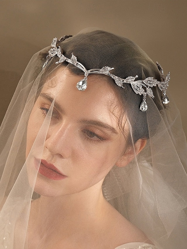 – Headpiece Leaf Blue Drops with Vintage Gold Gemstone