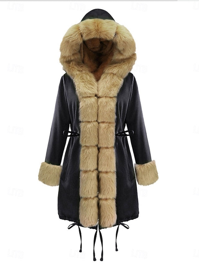 Collar Pocket Fur Faux Breathable Warm Coat Women's