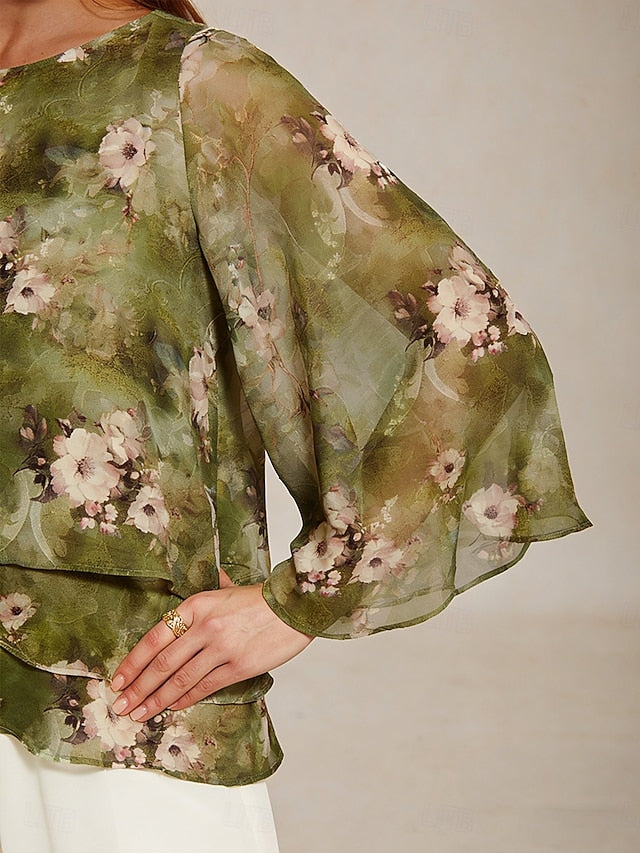 Women's Sheer Blouse Chiffon Tops Lace up Floral Elegant