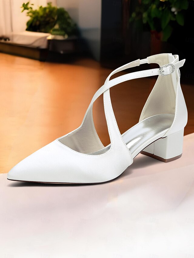 - Pointed Toe Women's Satin Elegant Ivory Block Heels
