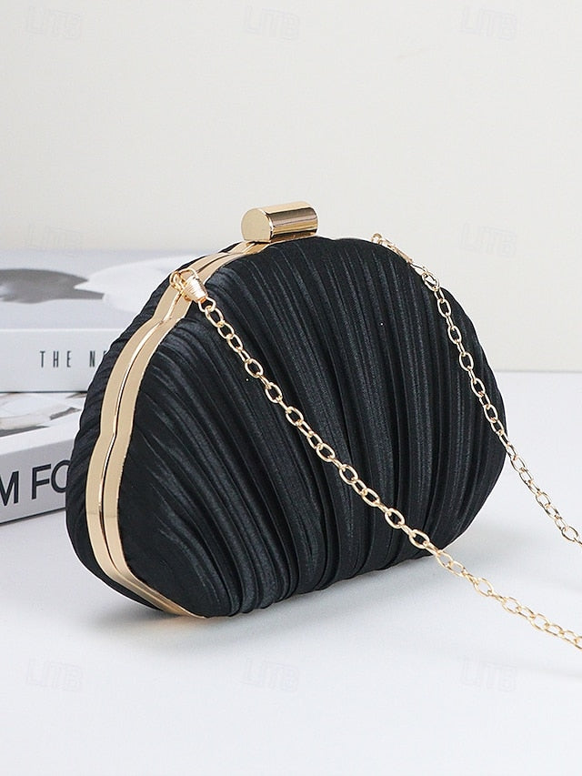 Women's Satin Clutch Shell Purse Pleated Evening