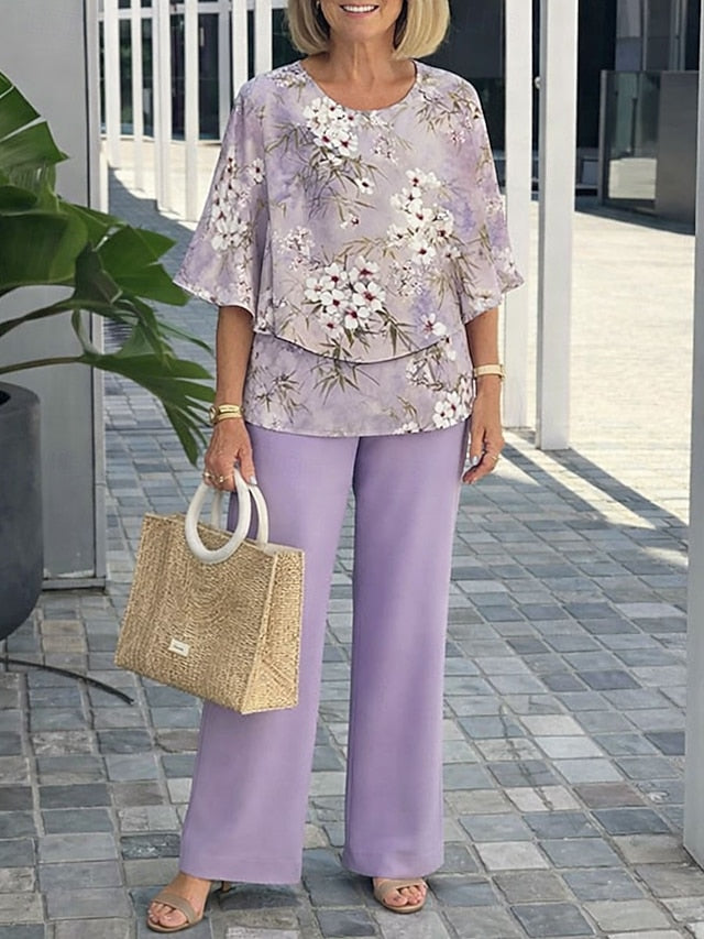 Women's Pants Sets Half Sleeve Butterfly Sleeve Round Neck