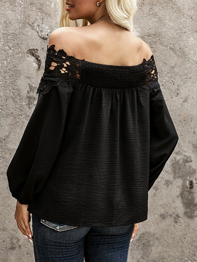 Women's White Elegant Lace Tops Eyelet Sexy Blouse Casual