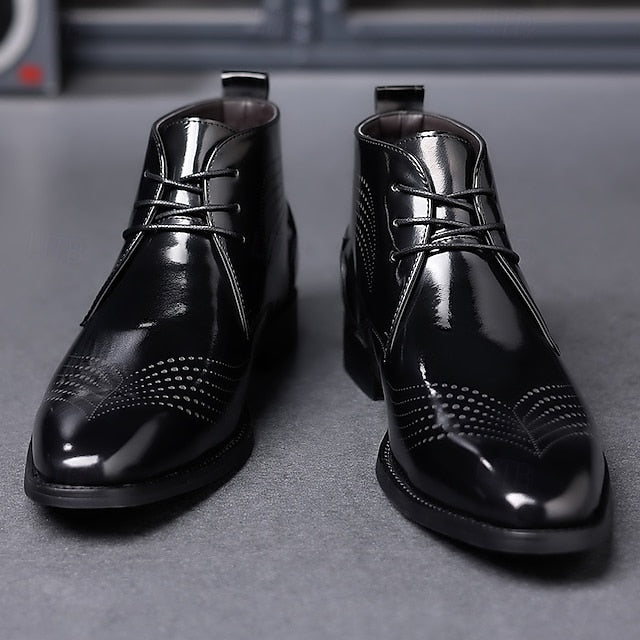 Burgundy Glossy Wingtip Faux Brogue Ankle Leather Men's