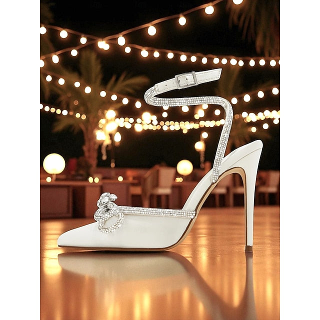 Bow Heels Women's Stiletto Rhinestone Satin and with Black