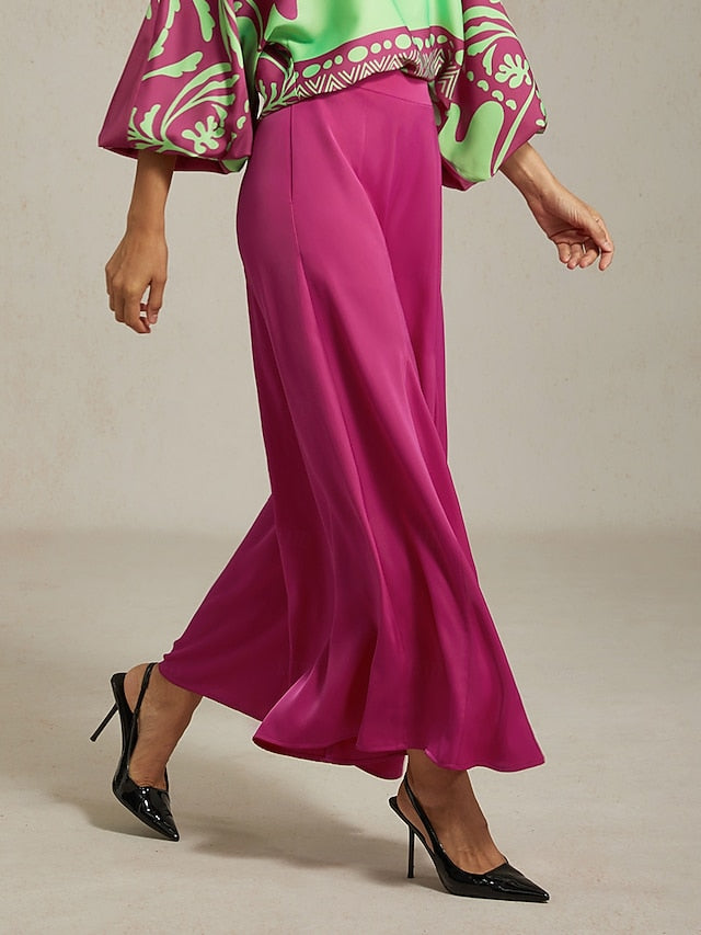 Women's Top Vivid Fuchsia Print Satin Lantern Long Sleeve V