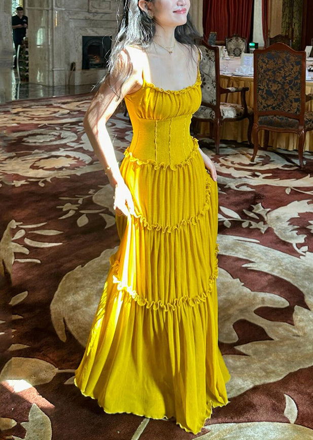 Cotton Solid Yellow Strap Sleeveless Spaghetti New Dress Ruffled