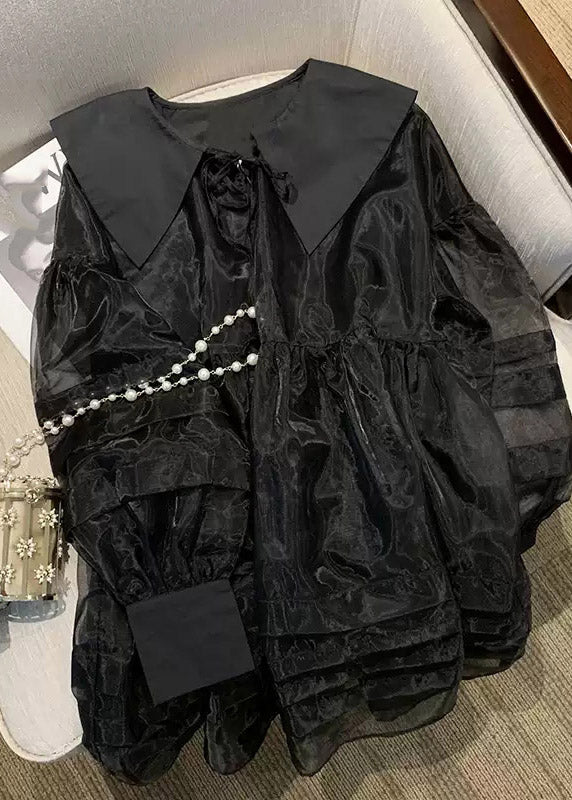 Patchwork Long V Tulle Dresses French Mid Neck Sleeve Black