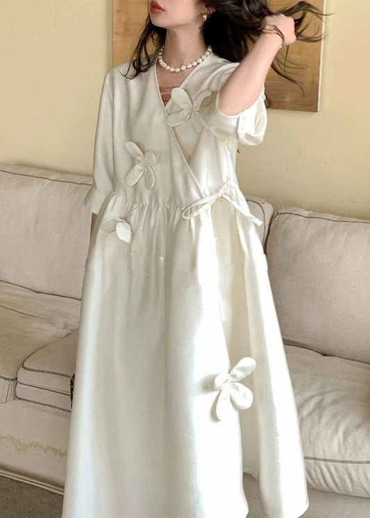 Neck Long Dress White Floral Chic Lace Cotton Summer Up V