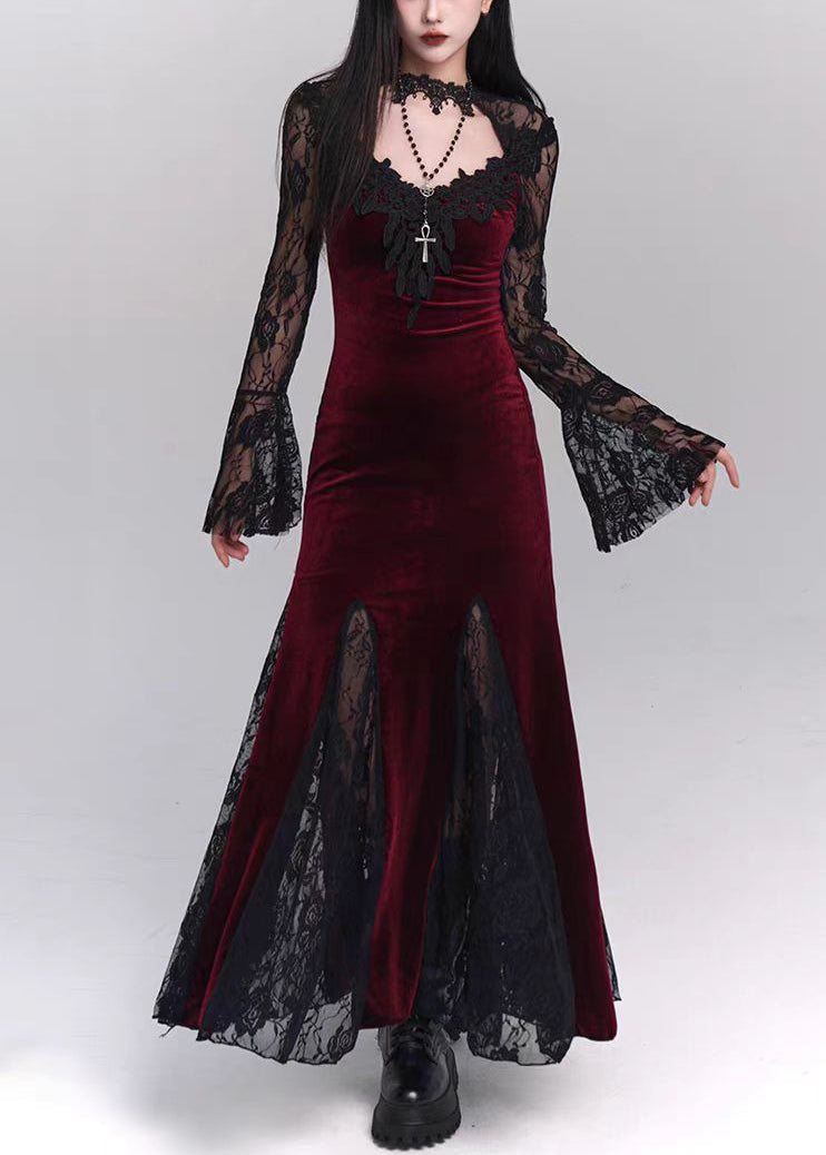 Black Silk Lace Velvet Hollow Bohemian Dresses Out Patchwork Maxi