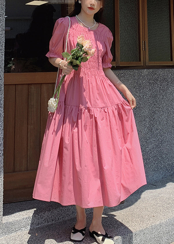 Schickes, rosa, langes Kleid aus Baumwolle mit Rundhalsausschnitt und Puffärmeln, Patchwork-Muster, XX034