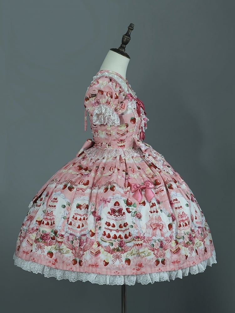 Strawberry Lolita Pink Bow Set Dress Print Cake Full Sweet Accents /