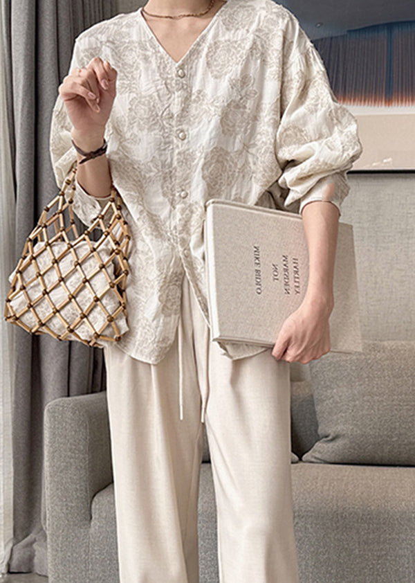 Shirts Cotton Neck V Button Spring Jacquard Casual Apricot