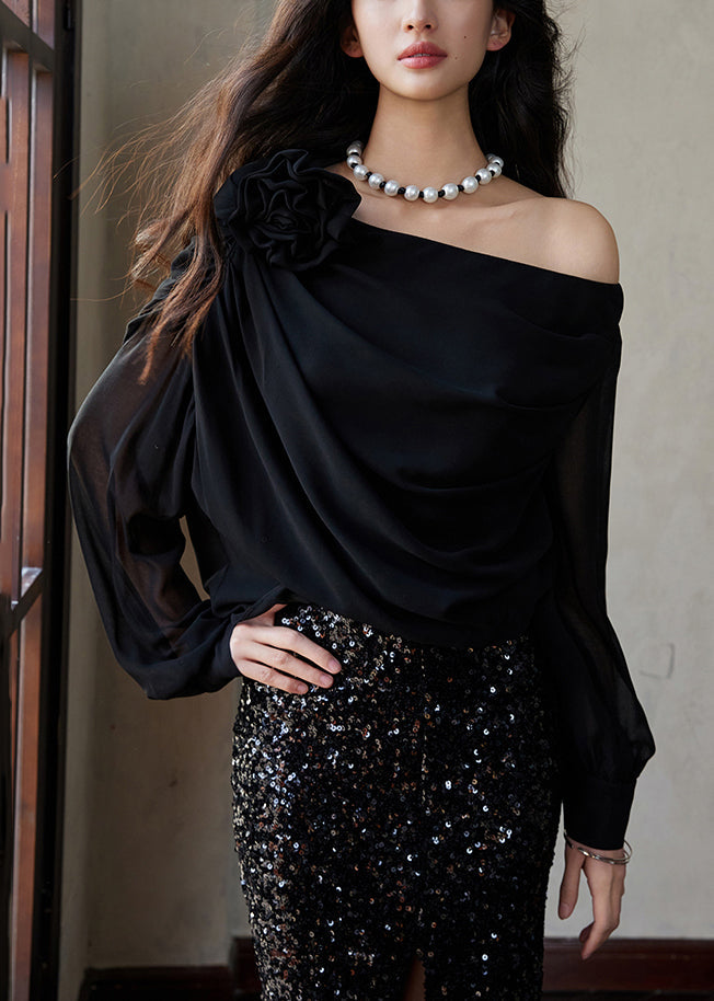 Shirt Grey Long Fashion Solid Asymmetrical Sleeve Chiffon