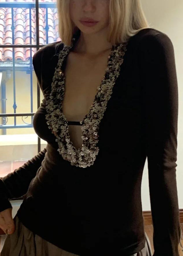 Sequins Boho U Spring Silk Top Neck Coffee