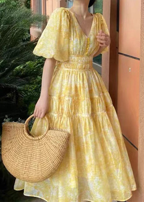 Summer Chiffon Long Dress Bohemian Print Neck V Yellow