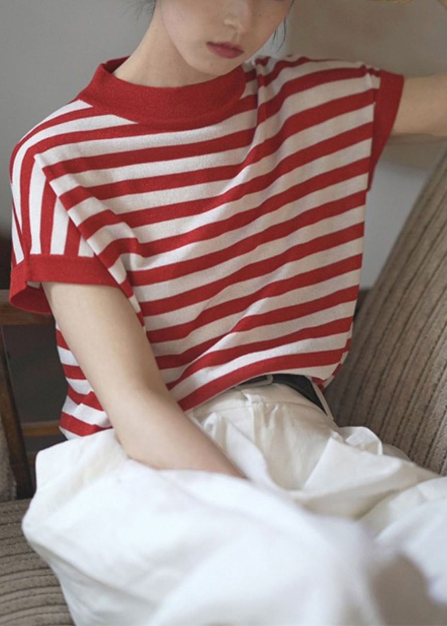 Tanks Stand Cotton Summer Striped Collar Red Women
