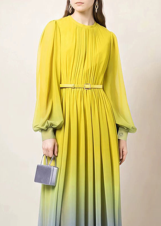 Fall Dress Button Chiffon Wrinkled Gradient Italian Ankle Color