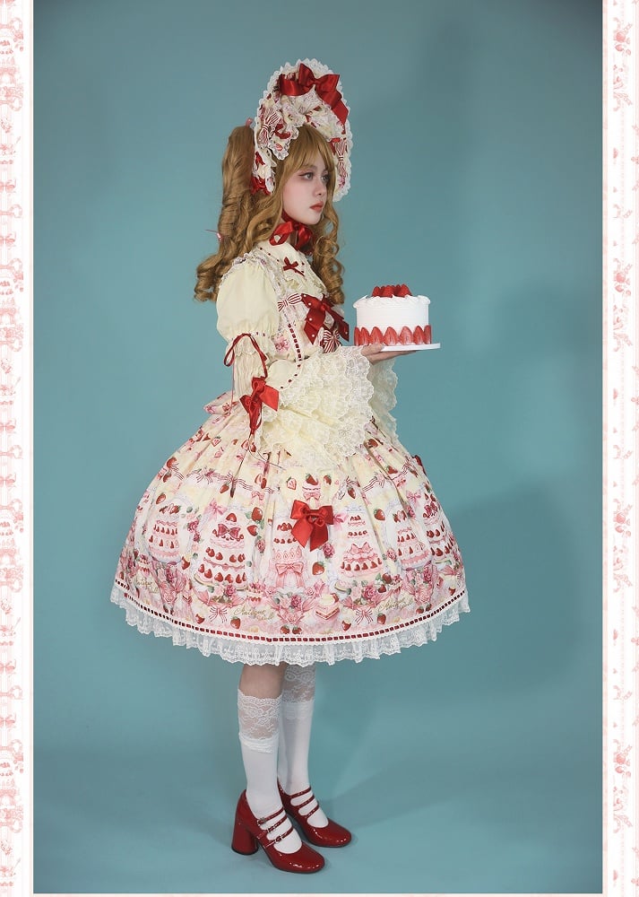 Bow Set Accents Print Yellow JSK Desserts / Sweet Strawberry Full and Lolita