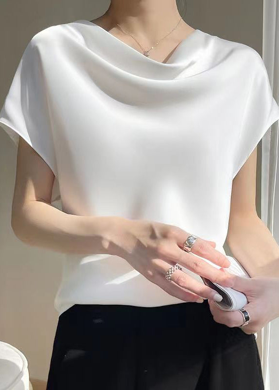 Simple White Solid Turtle Neck Silk T Shirts Summer TT1017