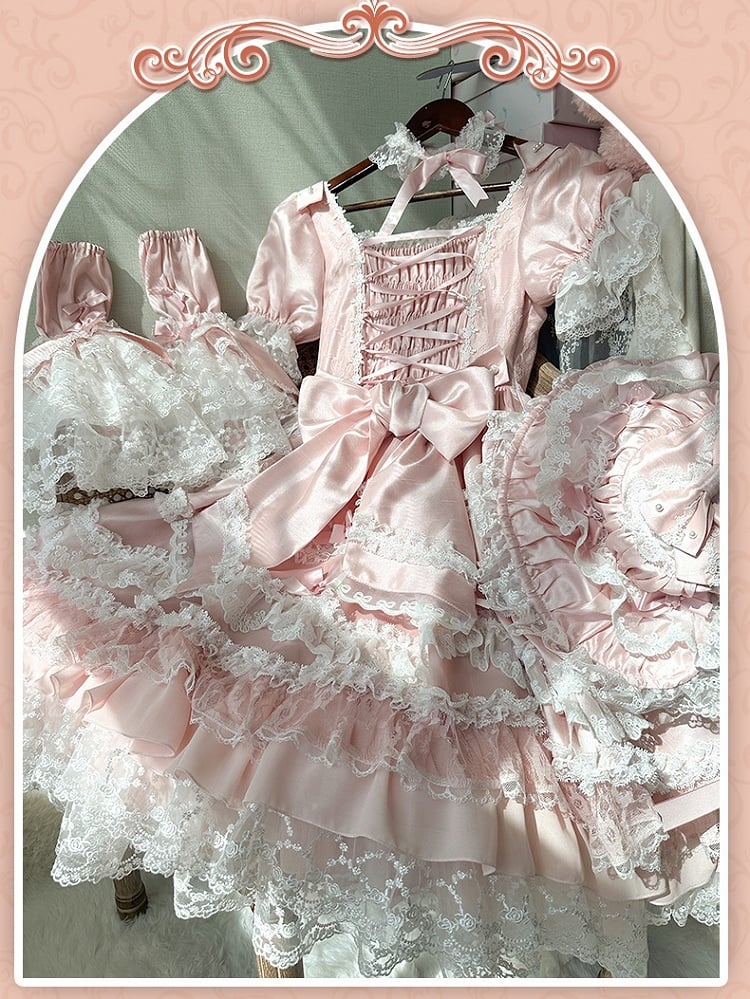 Waist Bow Princess Accents Sweet Sleeves Dress Lolita High Pink with Detachable