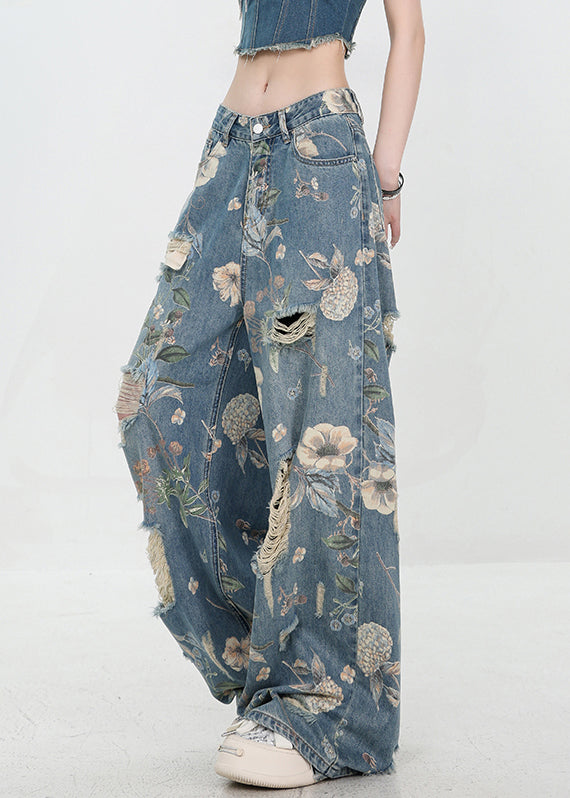 Pants Denim Print Waist Blue Hole Unique High Summer