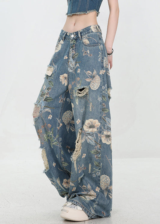 Pants Denim Print Waist Blue Hole Unique High Summer