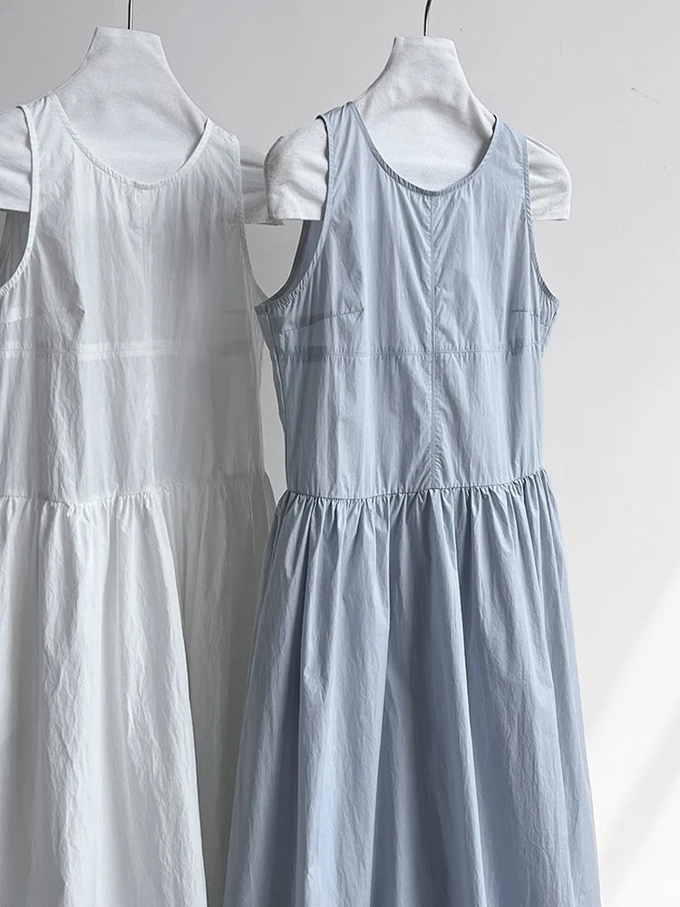 Simple Blue Puff Patchwork Dress Sleeveless O-neck Hem