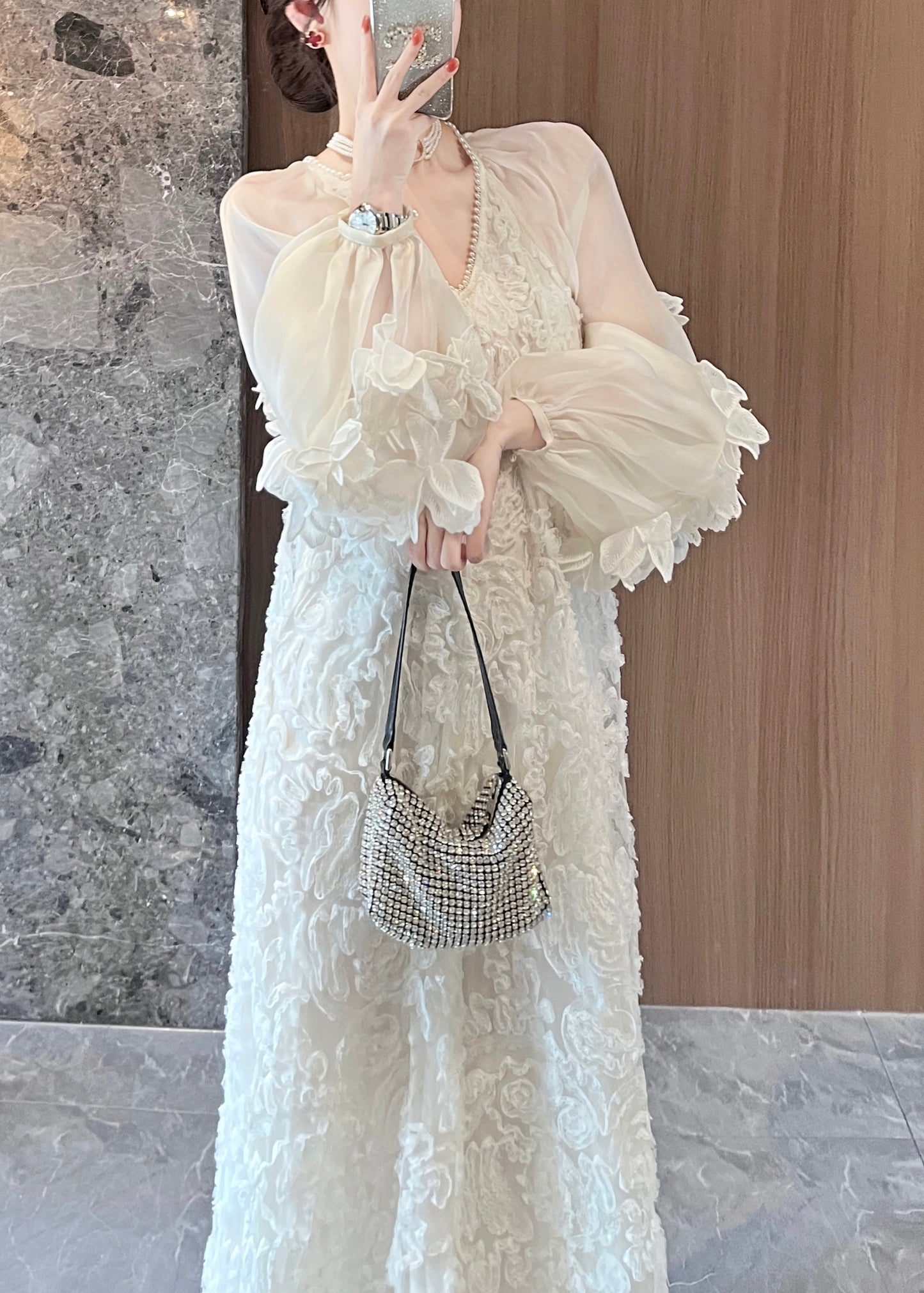 Dresses Lace Long Spring Tulle Italian Patchwork Beige V Neck