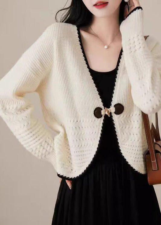 Women Beige V Neck Woolen Knit Cardigan Fall QC049