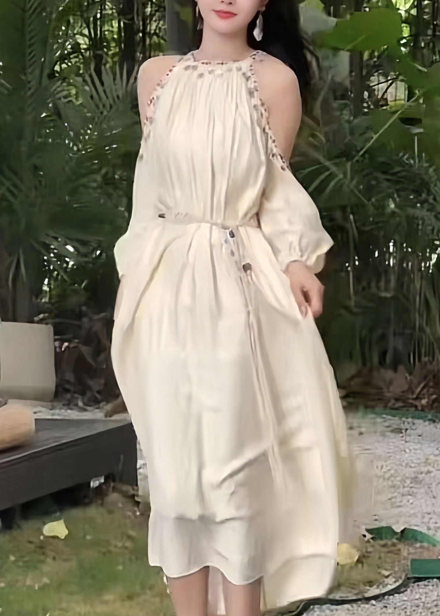 Sequins Apricot Sleeve Shoulder Long Silk Lantern Bohemian Cold