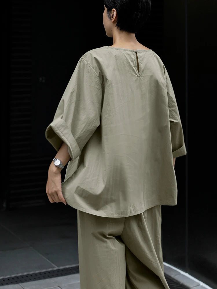 Cotton Asymmetrical Casual Sleeve Half Khaki Drawstring Top