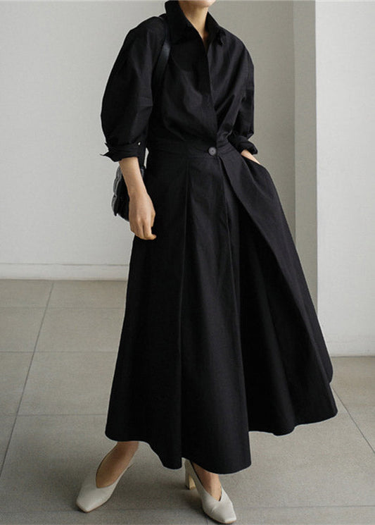Black Long Sleeve Wrinkled Cotton Dresses Button