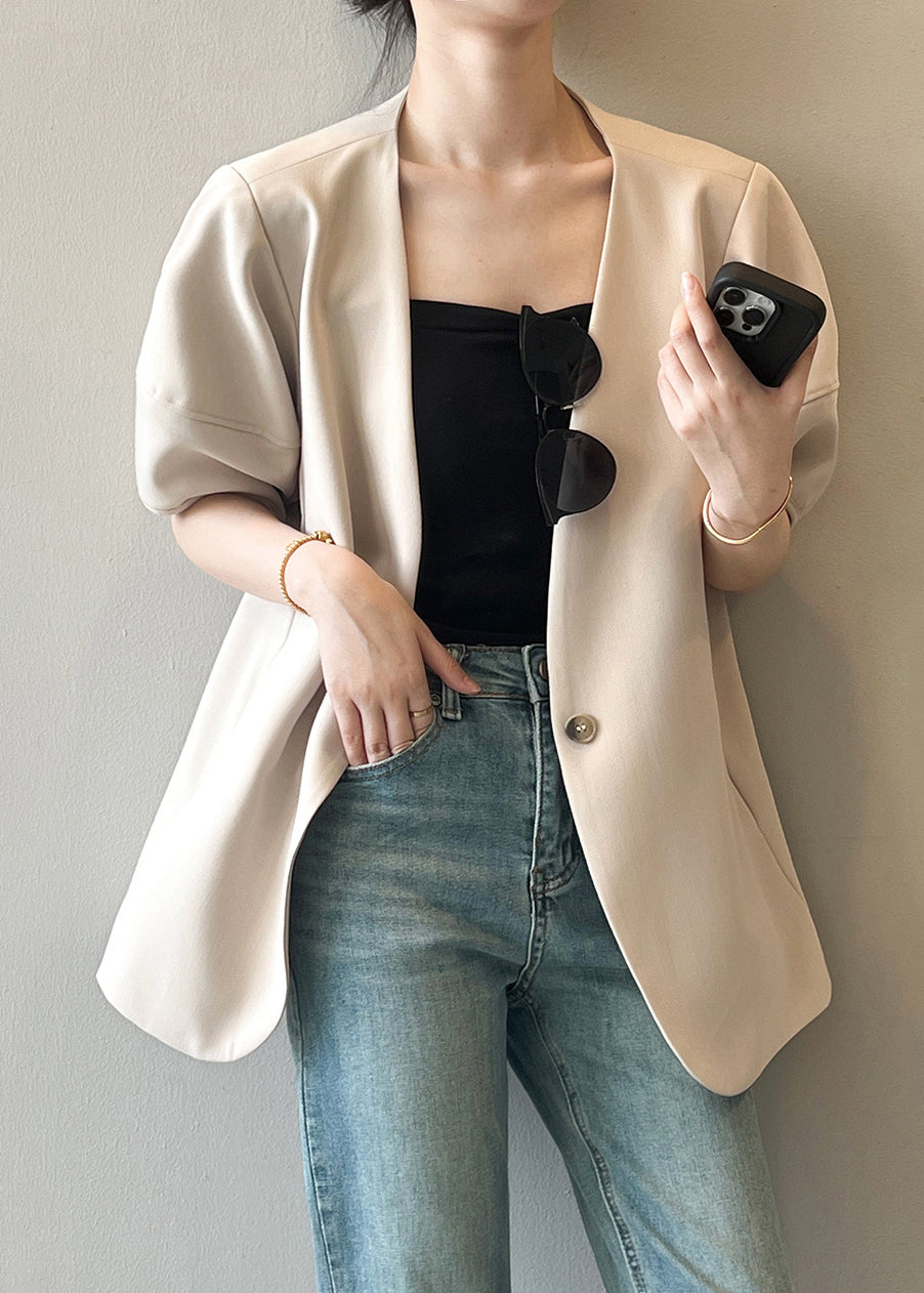 French Apricot V Neck Puff Sleeve Button Coat QC006