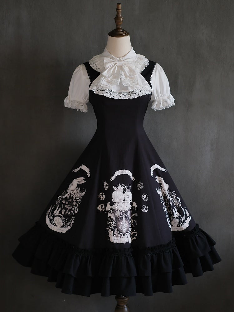 Print Fit Gothic Slim Waist Dark Black Lolita Dress Bunny