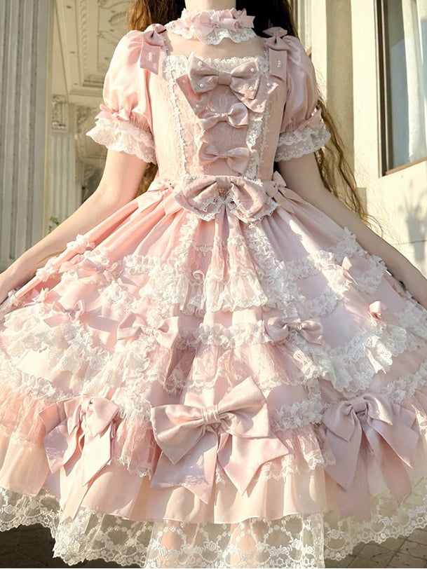 Waist Bow Princess Accents Sweet Sleeves Dress Lolita High Pink with Detachable