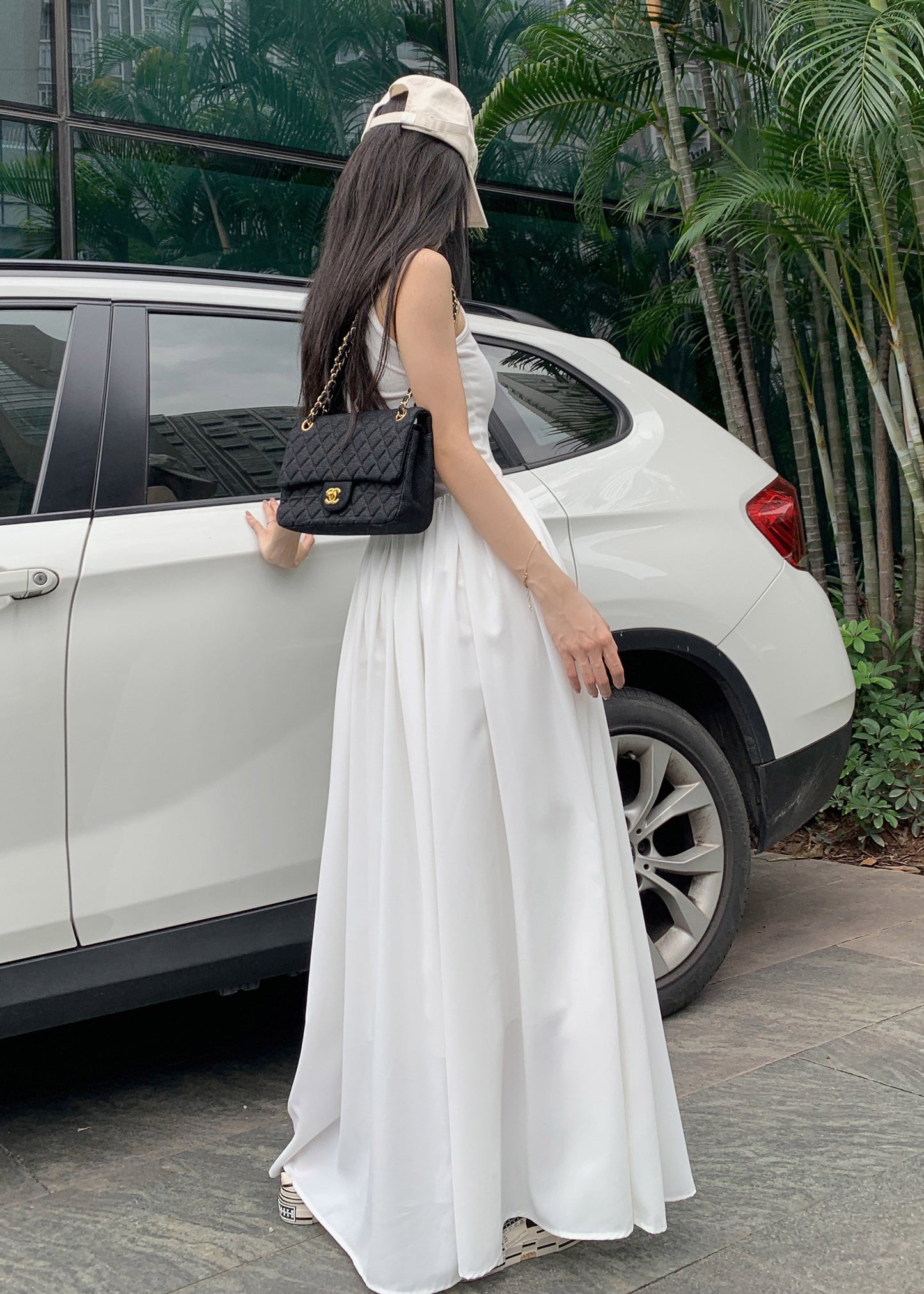 Sleeveless Holiday Fit Cotton Dress Patchwork White Silm