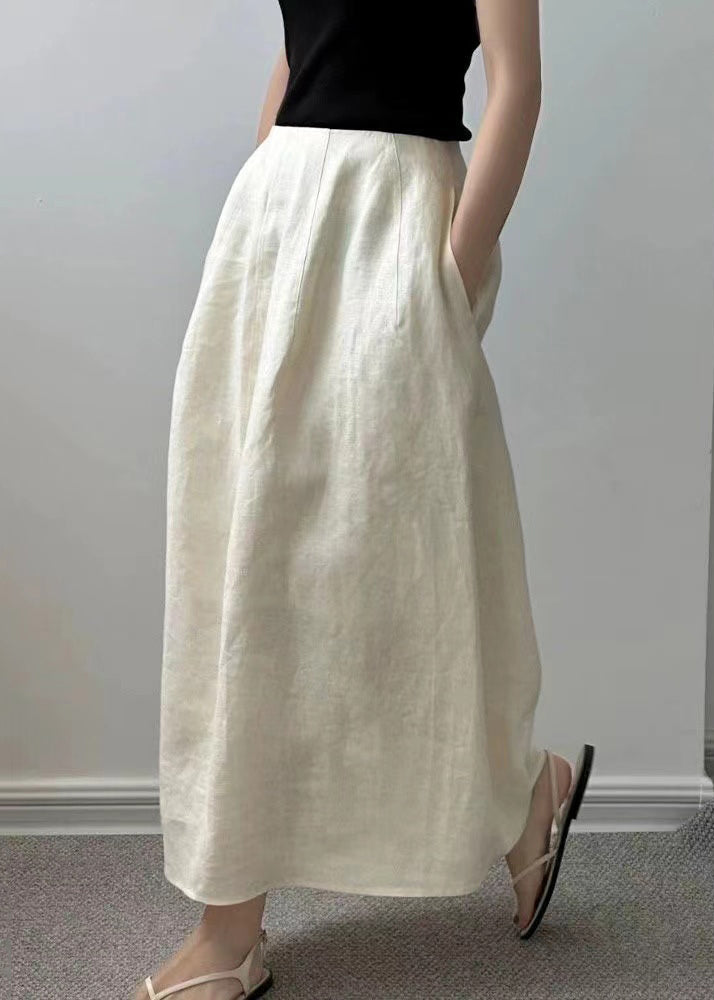 Beige Solid Summer Pockets Waist Skirts New High Cotton