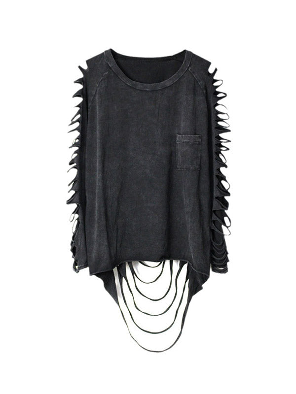 Black Sleeves Out Street T-shirt Long Loose Hollow Round-neck